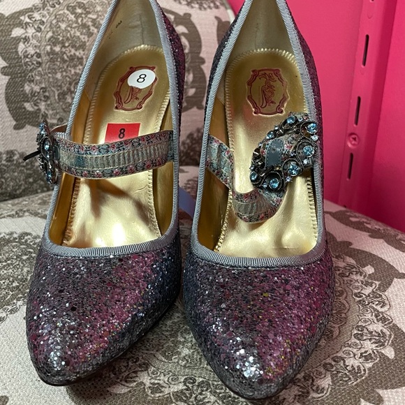 Hale Bob Mary-Jane Shoes Pumps 8 Blue Multi Glittered Crystal Bronze Buckle - Picture 5 of 8